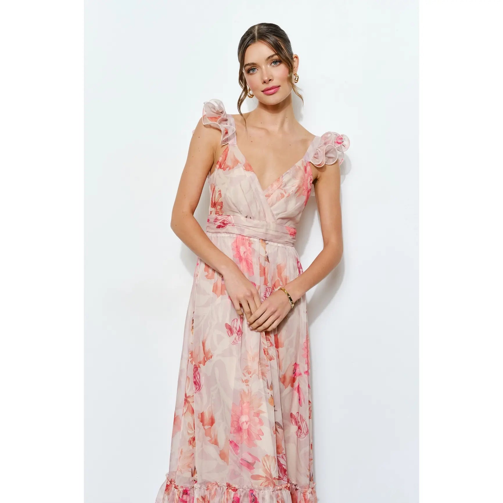 PEACH FLORAL SLVLESS MAXI