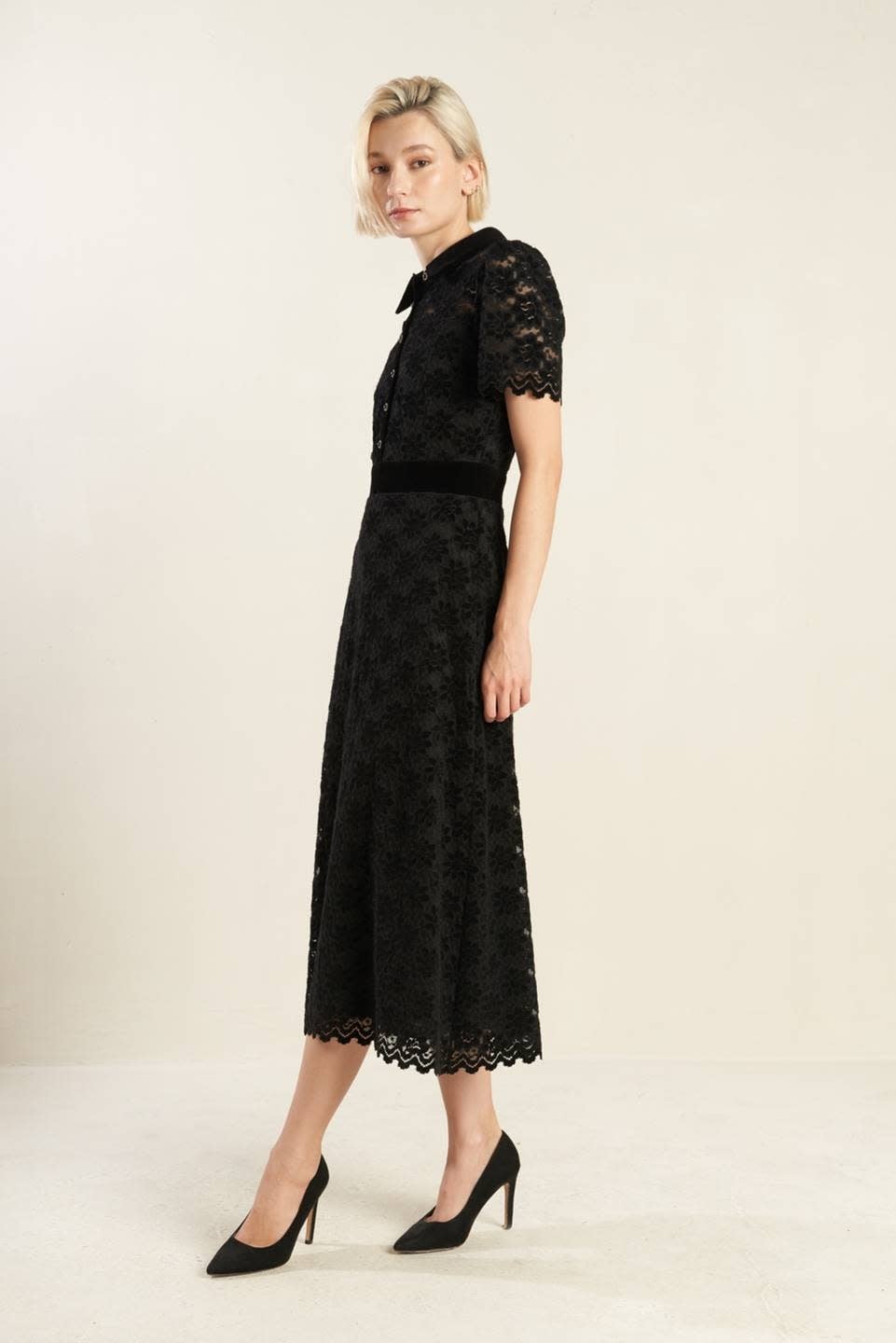SSLV WOVEN LACE MIDI DRESS