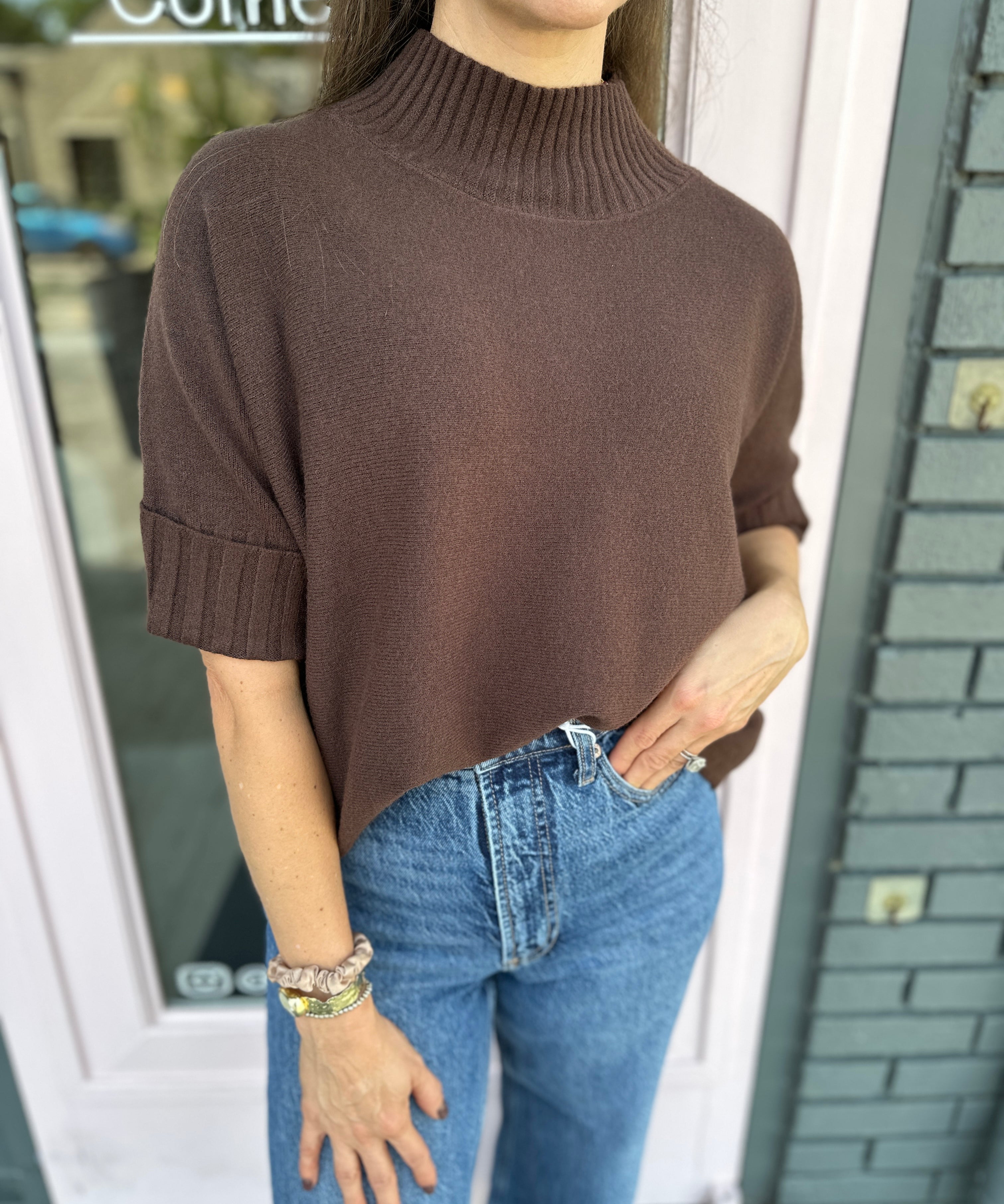 Brown Ribbed Knit Sweater Top