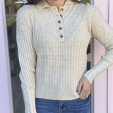 HALF BUTTON CABLE KNIT DETAIL SWEATER