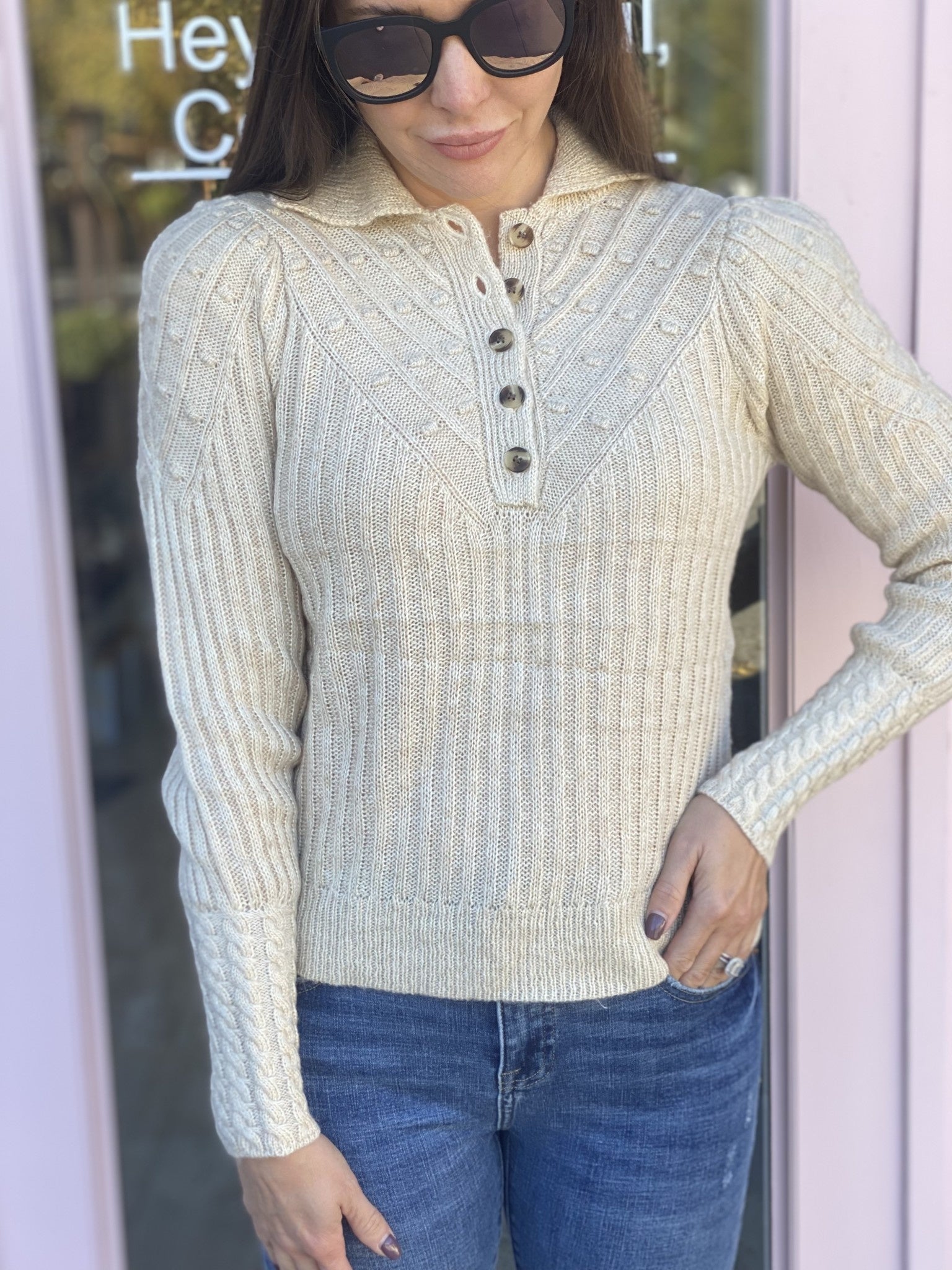 HALF BUTTON CABLE KNIT DETAIL SWEATER