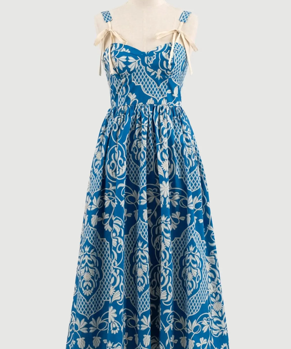 LATTICE PATTERN BOW STRAP MIDI DRESS