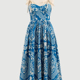 LATTICE PATTERN BOW STRAP MIDI DRESS