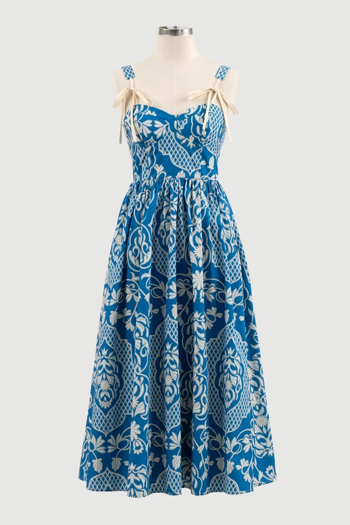 LATTICE PATTERN BOW STRAP MIDI DRESS