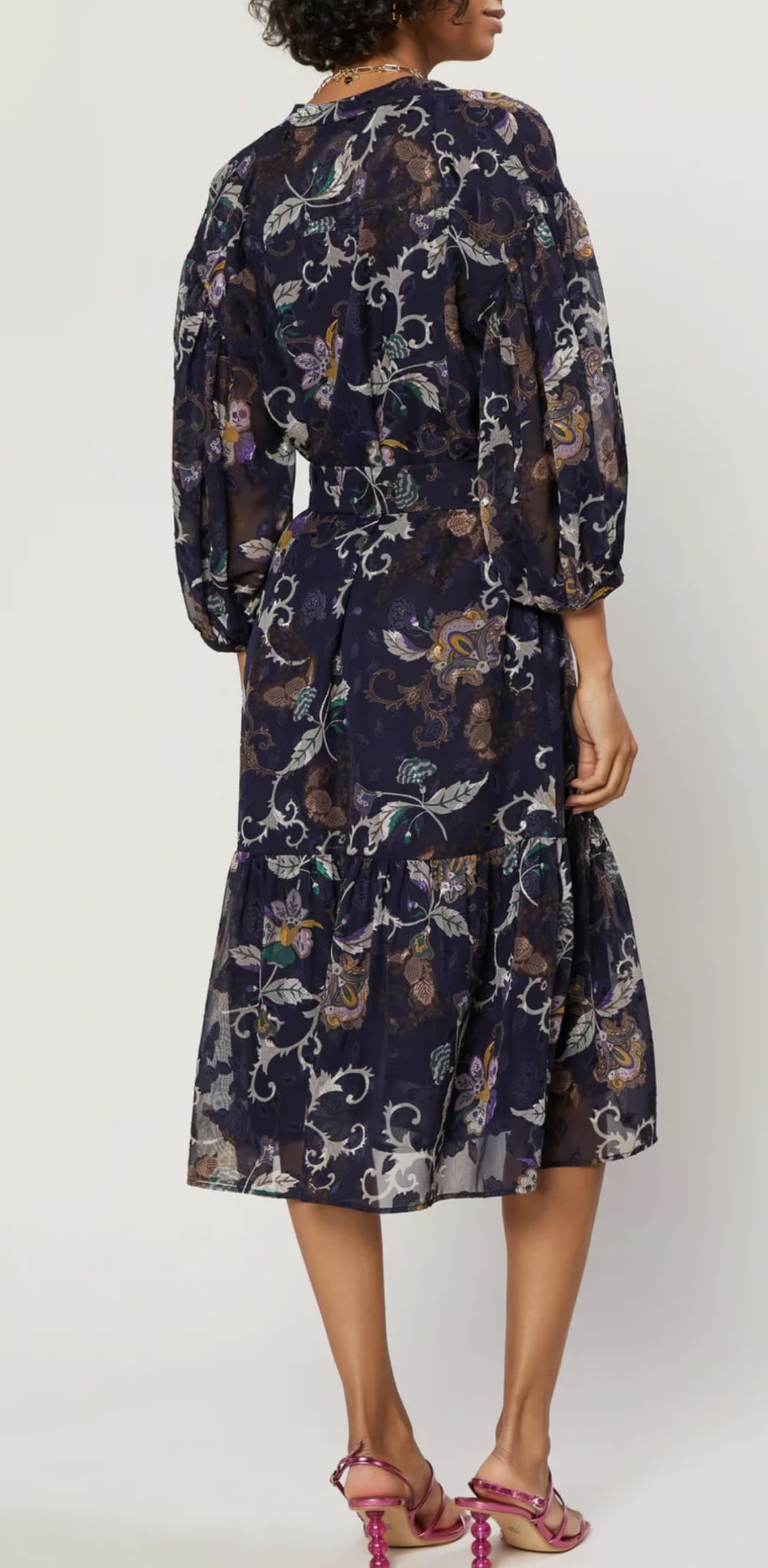 FLORAL JACQUARD LSLV MIDI DRESS