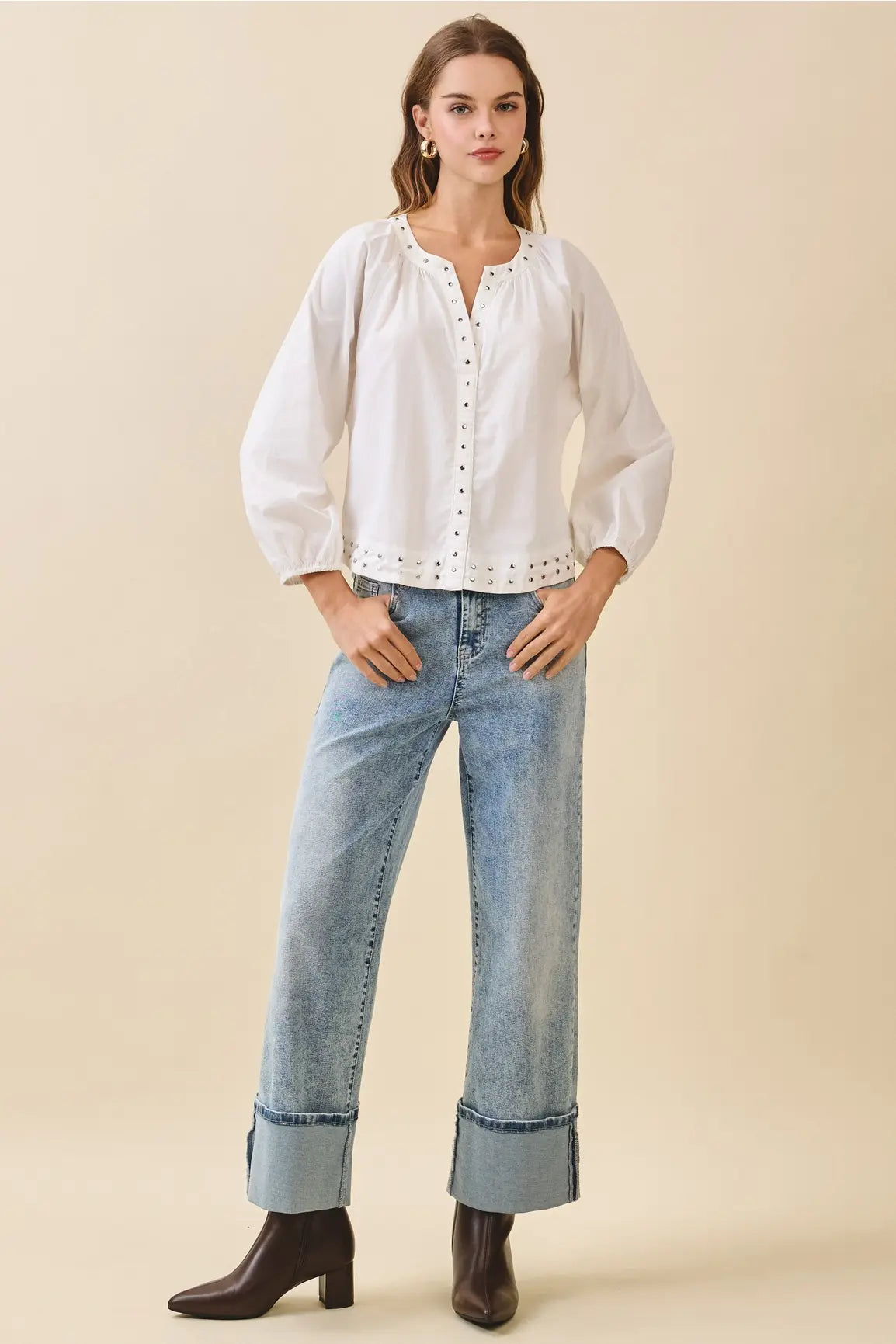 SILVER STUD LSLV BLOUSE