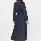 ROUND NECK SILKY PLEATED MIDI DRESS