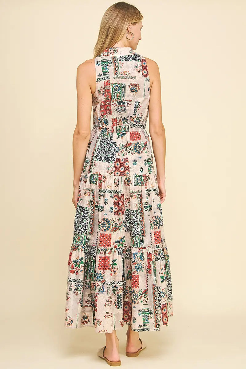 SLEEVELESS PRINT TIERED MAXI DRESS
