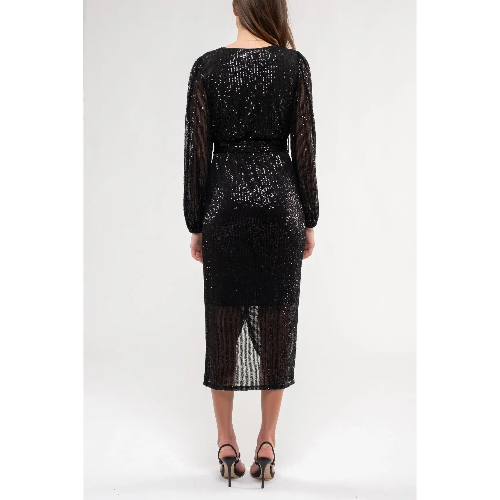 SEQUIN SURPLICE MIDI DRESS