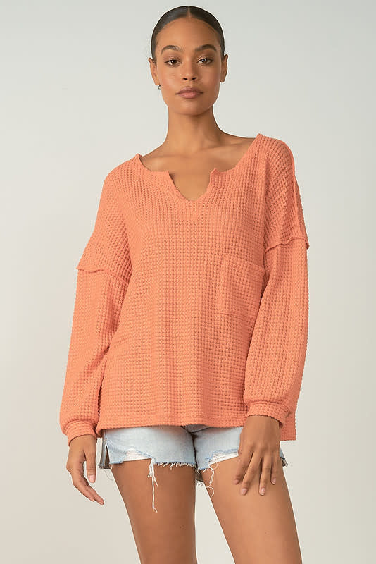 WAFFLE WEAVE V NECK TOP