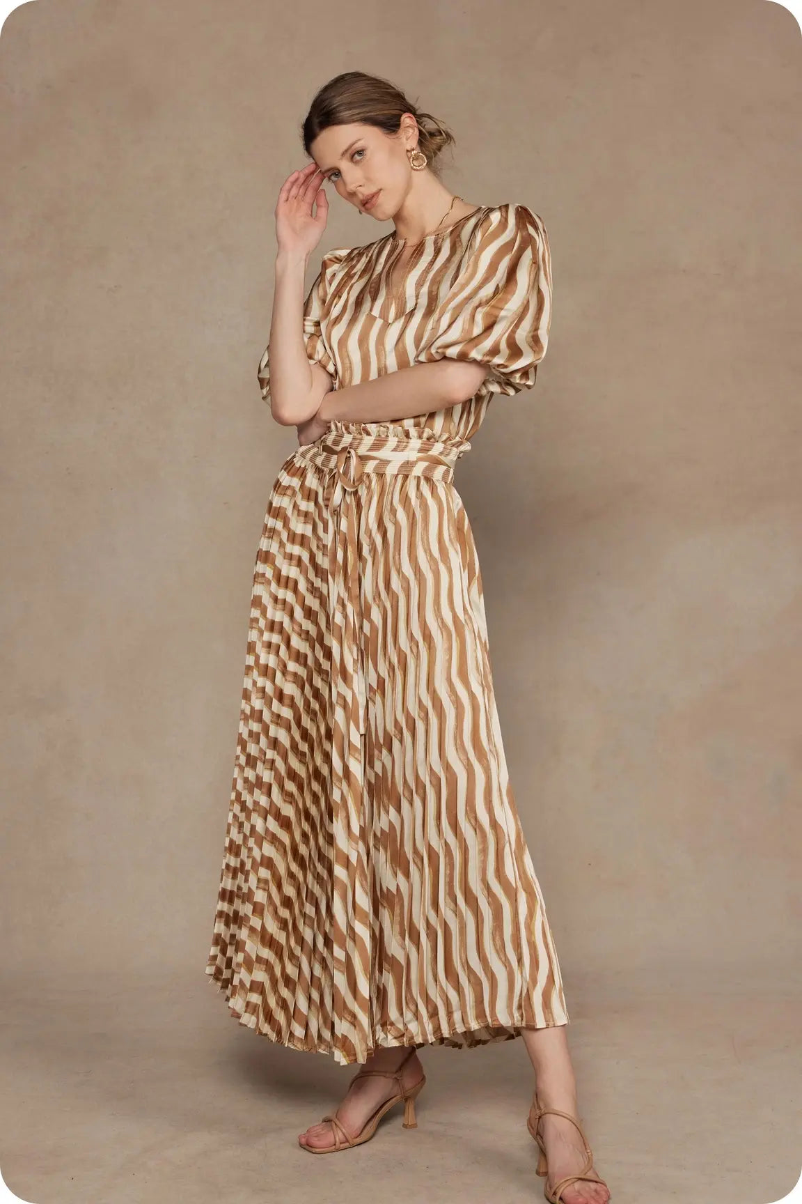 WAVY STRIPE PLEATED MIDI SKIRT