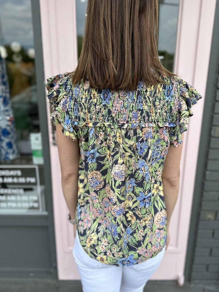 FLUTTER SLV BLOUSE WITH SMOCKING DETAIL