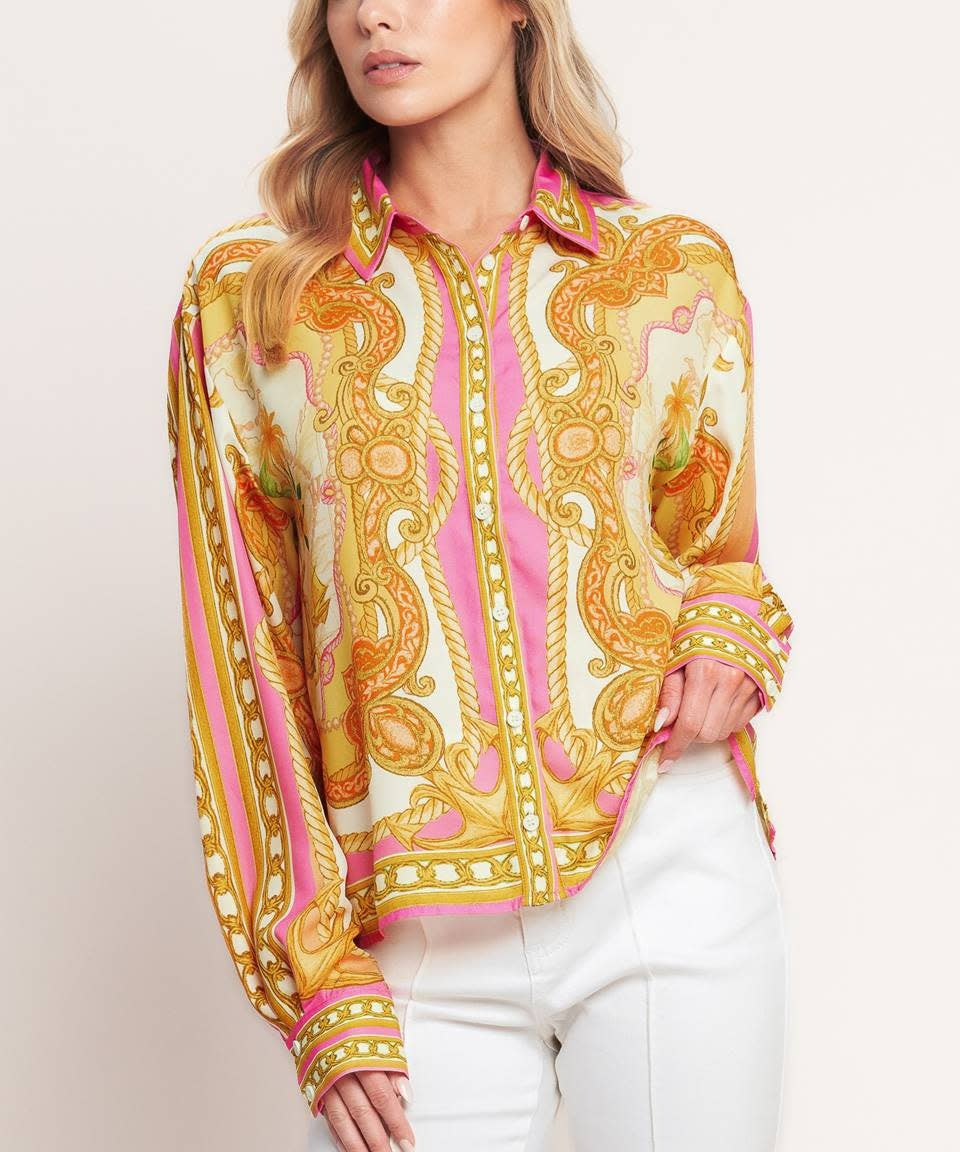 BAROQUE FLORAL BUTTON DOWN BLOUSE