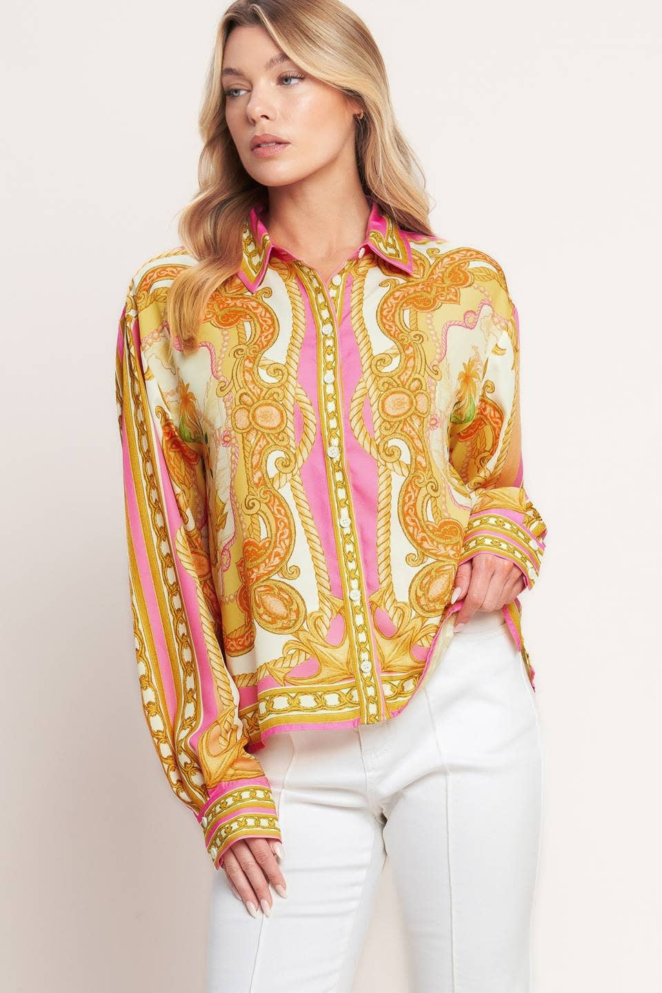 BAROQUE FLORAL BUTTON DOWN BLOUSE