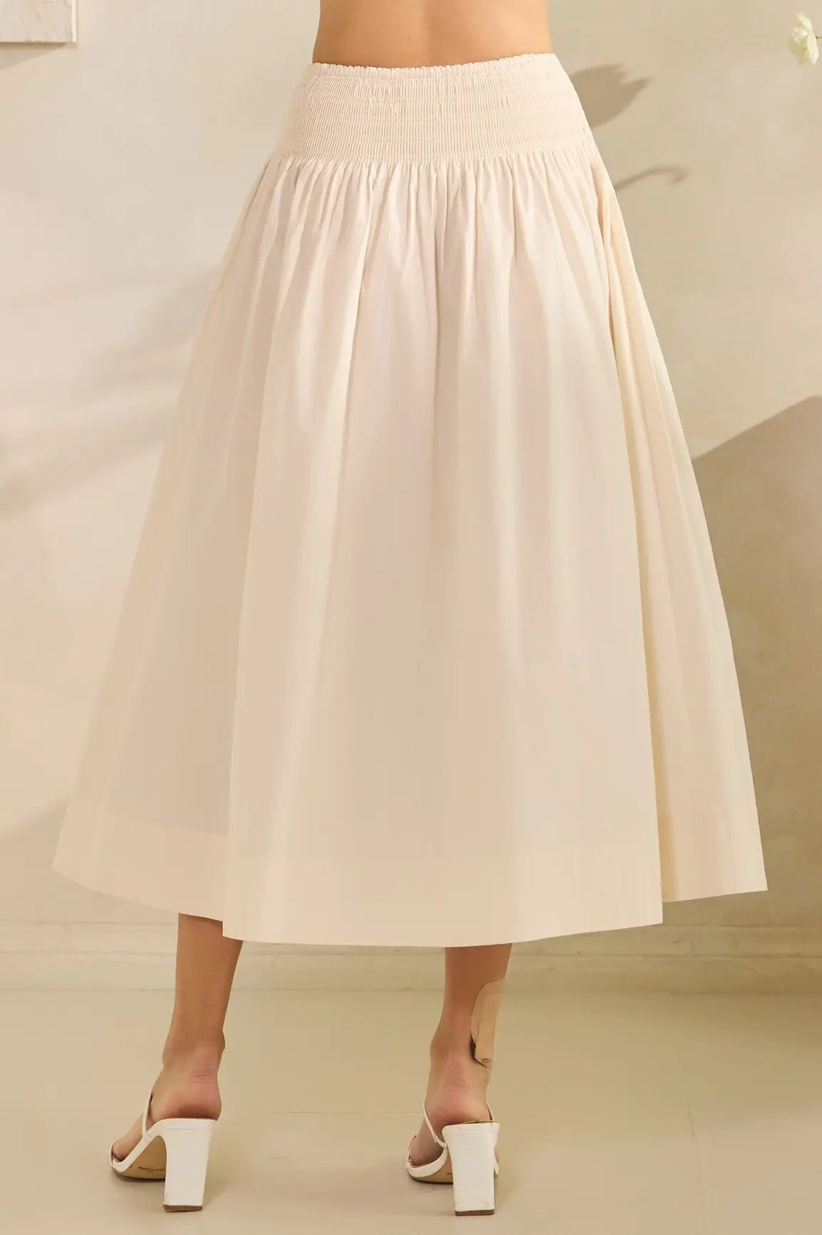 SMOCKED WAIST POPLIN MAXI SKIRT