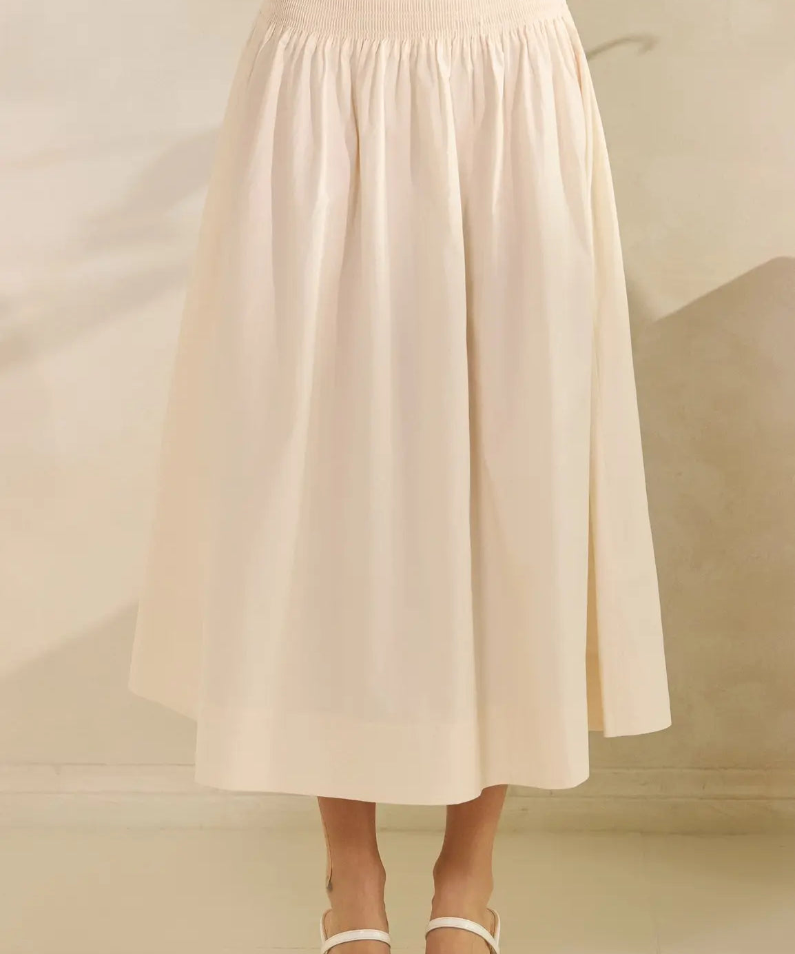 SMOCKED WAIST POPLIN MAXI SKIRT