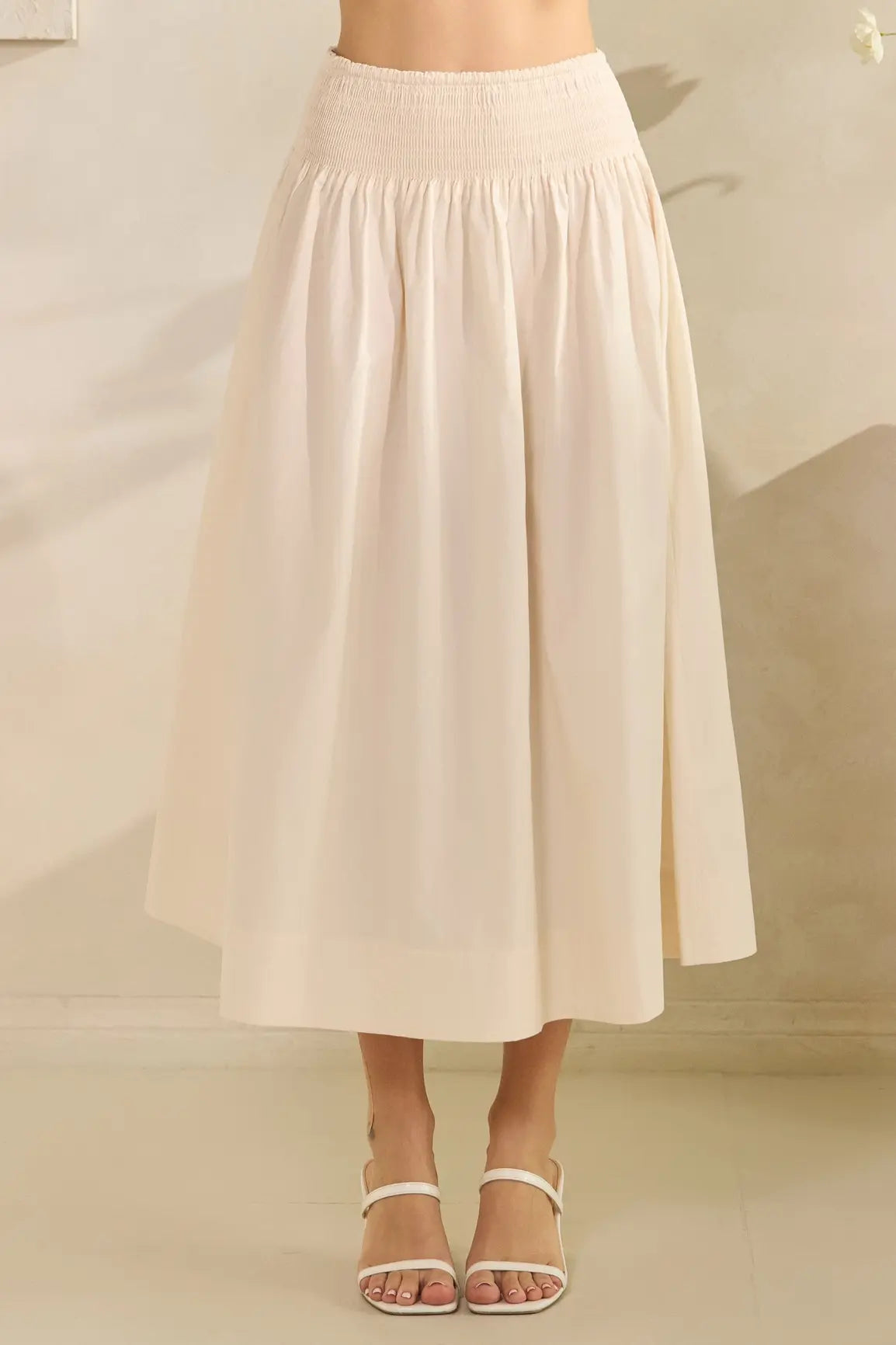 SMOCKED WAIST POPLIN MAXI SKIRT