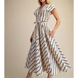 SSLV VNECK STRIPED MIDI