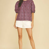 GEOMETRIC PRINT PUFF SLEEVE BLOUSE