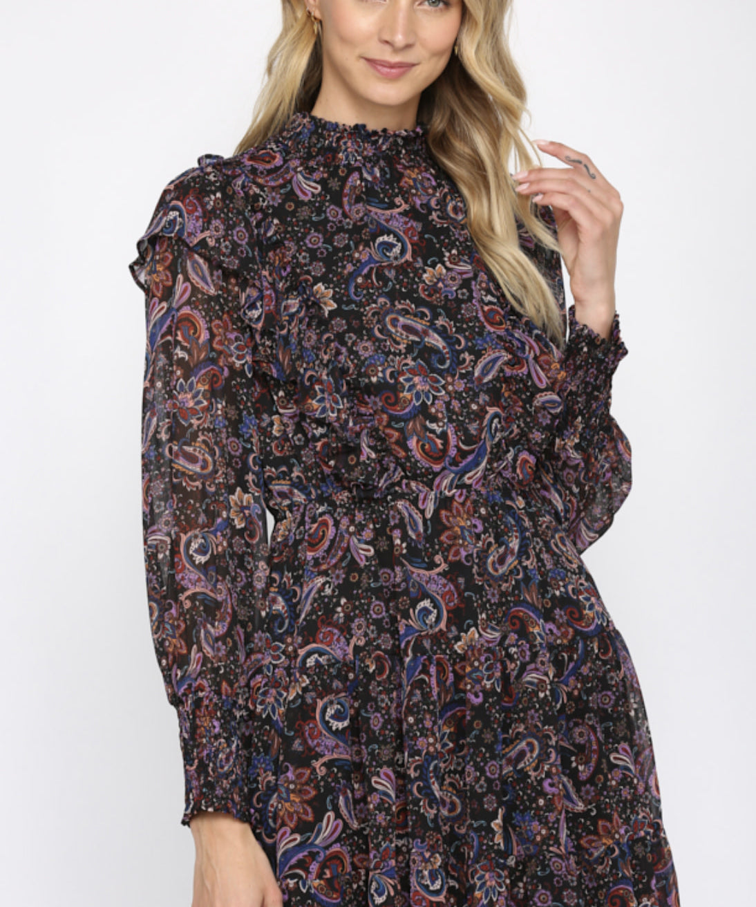 PAISLEY SMOCK NECKLINE RUFFLE DRESS