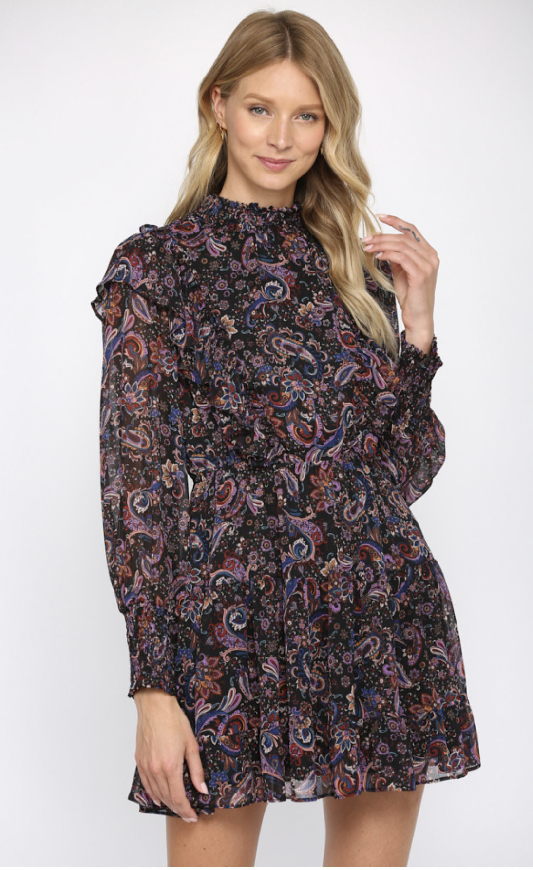 PAISLEY SMOCK NECKLINE RUFFLE DRESS