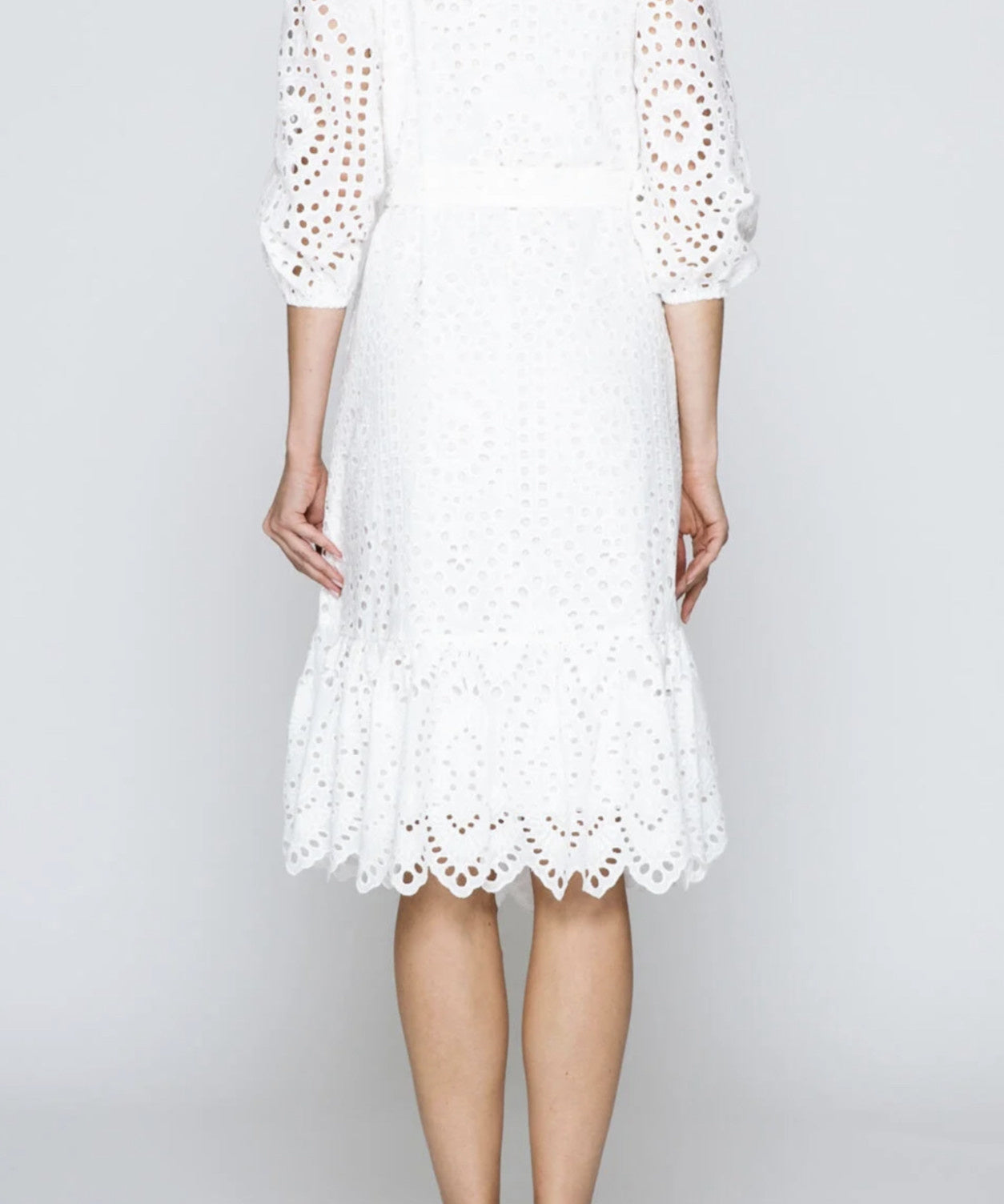 EYELET BELTED MIDI DRESS