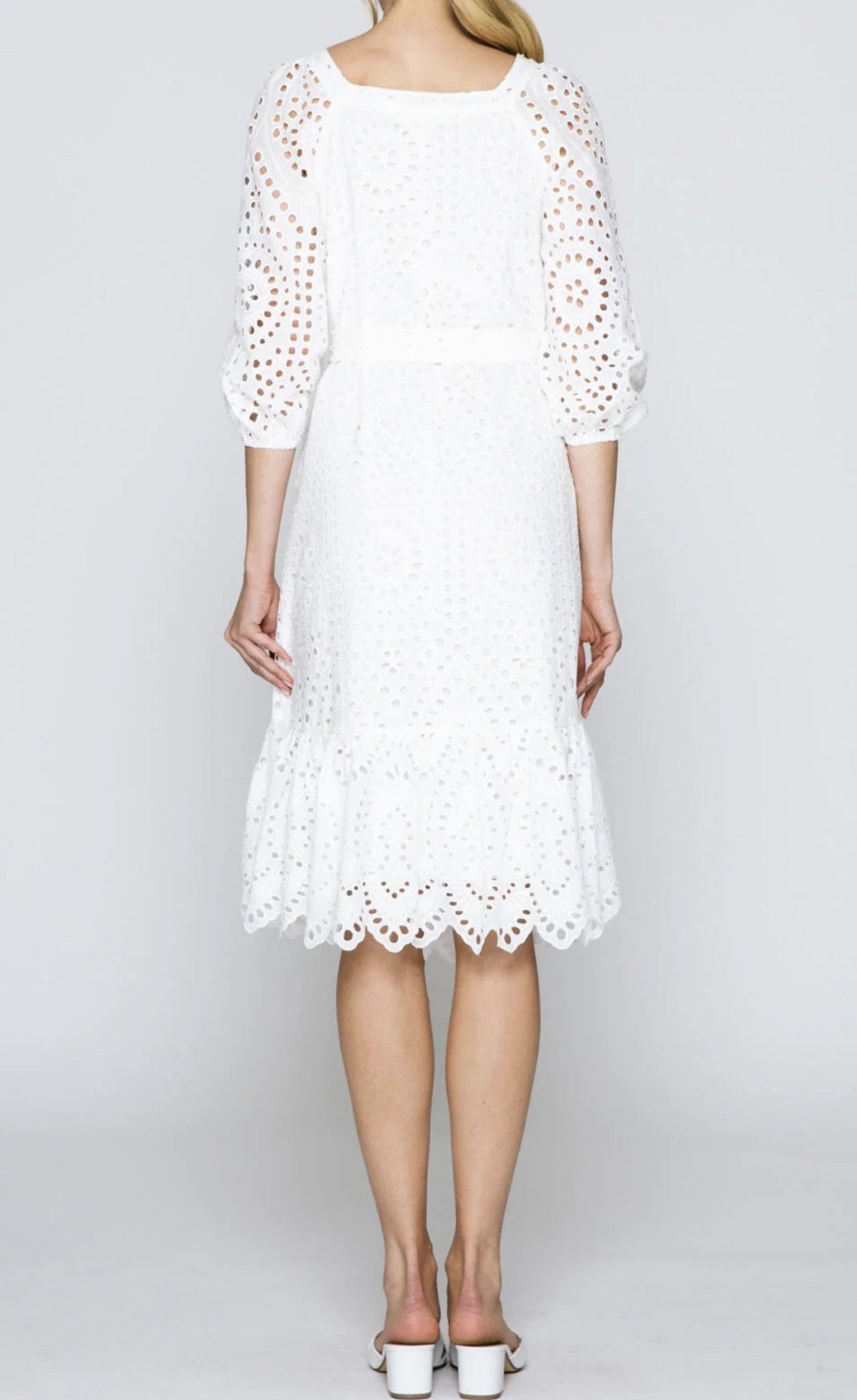 EYELET BELTED MIDI DRESS
