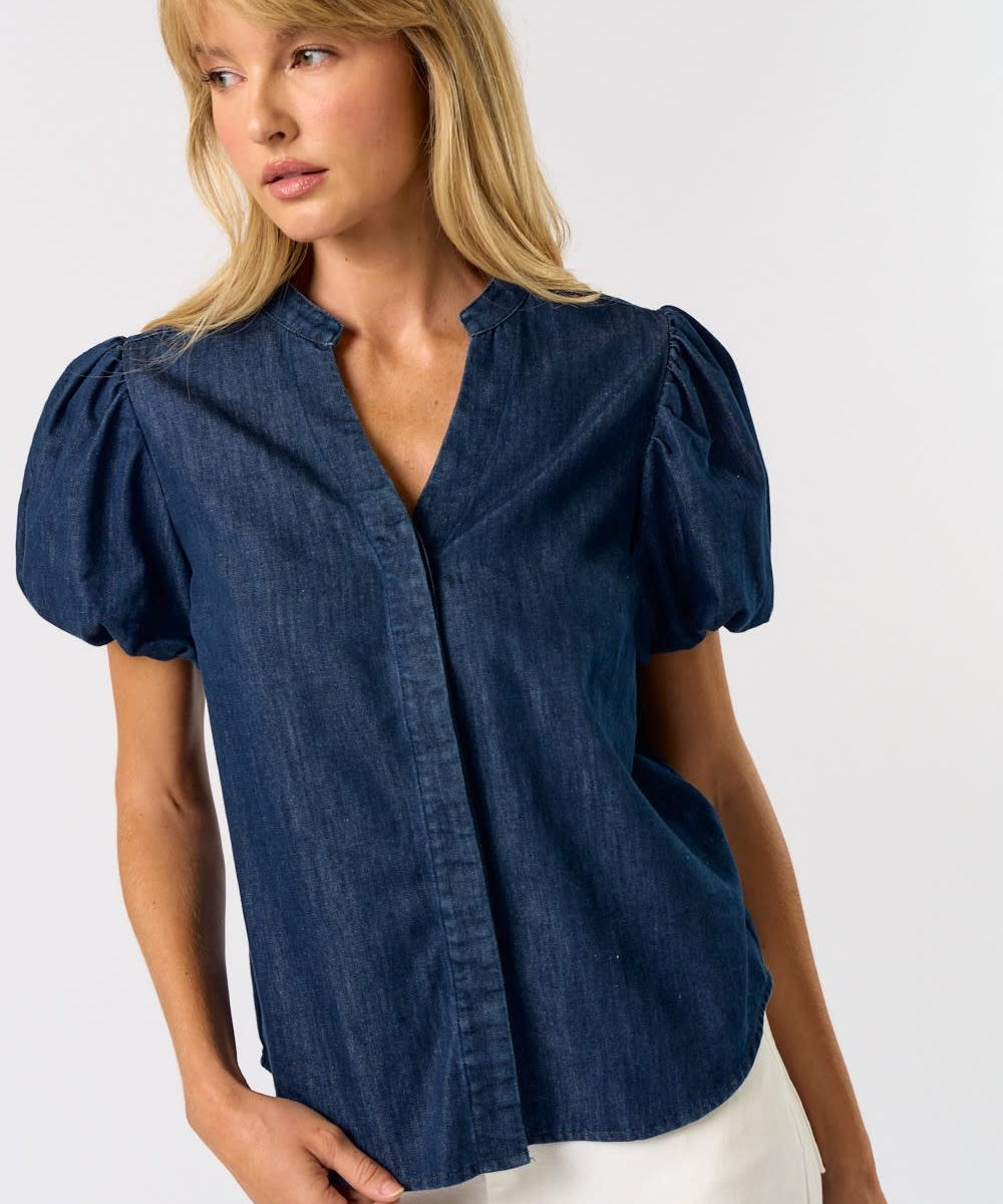 DENIM PUFF SLEEVE VNECK BLOUSE