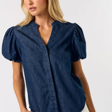 DENIM PUFF SLEEVE VNECK BLOUSE