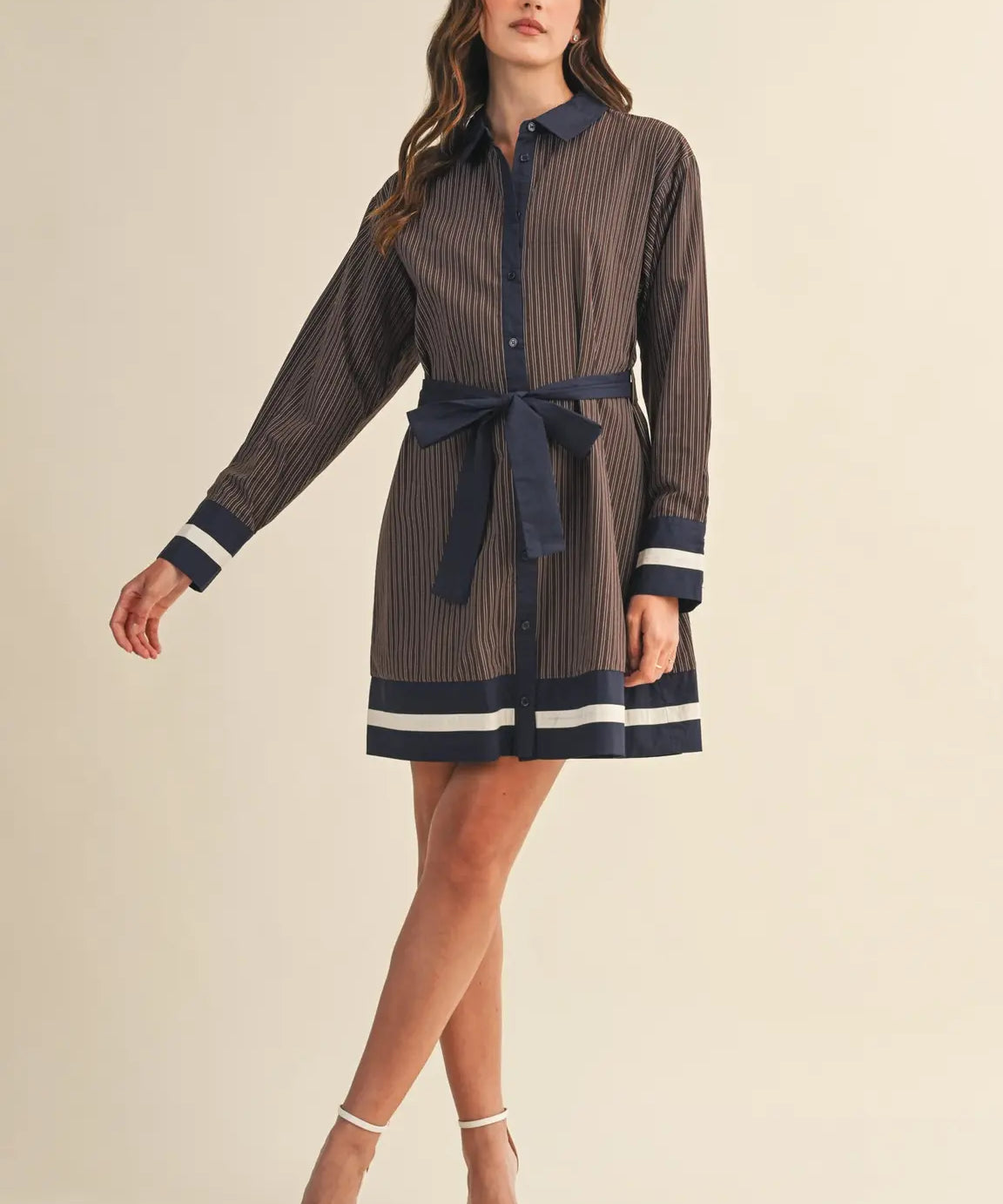 BUTTON DOWN TIE STRIPED MINI DRESS