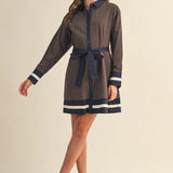 BUTTON DOWN TIE STRIPED MINI DRESS