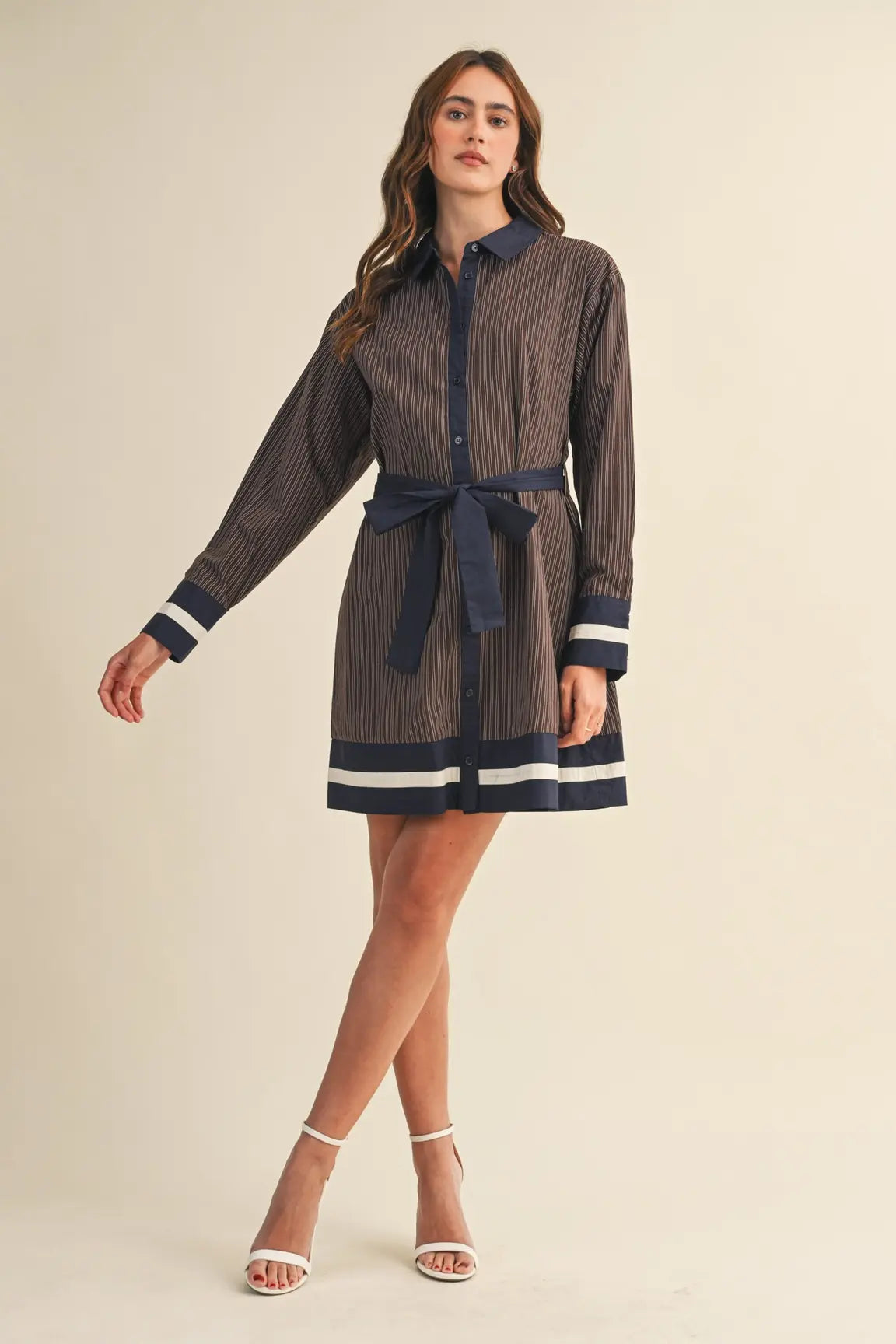 BUTTON DOWN TIE STRIPED MINI DRESS