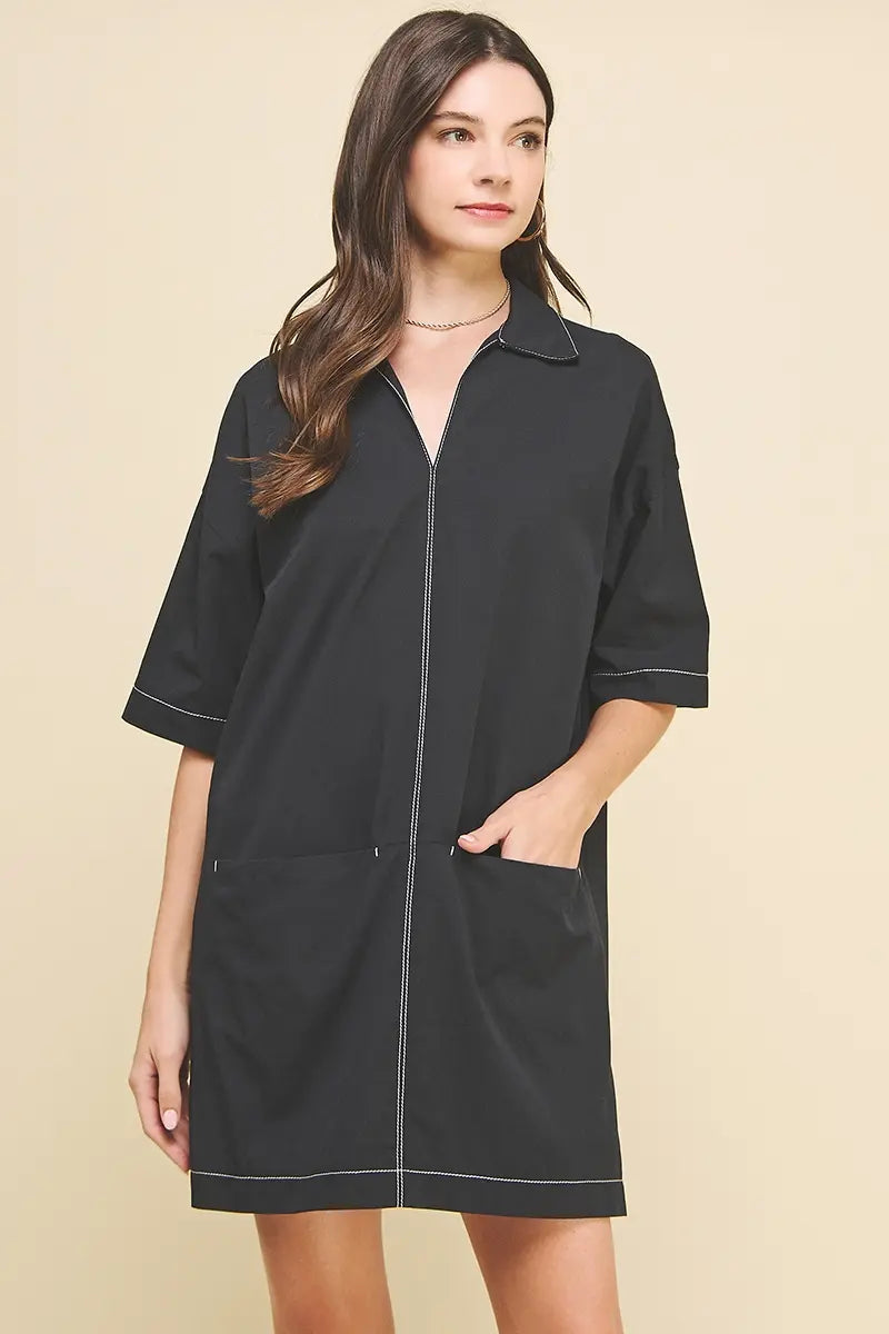 V NECK STITCH MINI DRESS