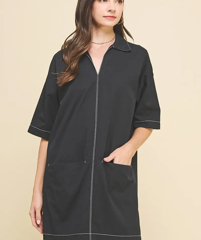 V NECK STITCH MINI DRESS