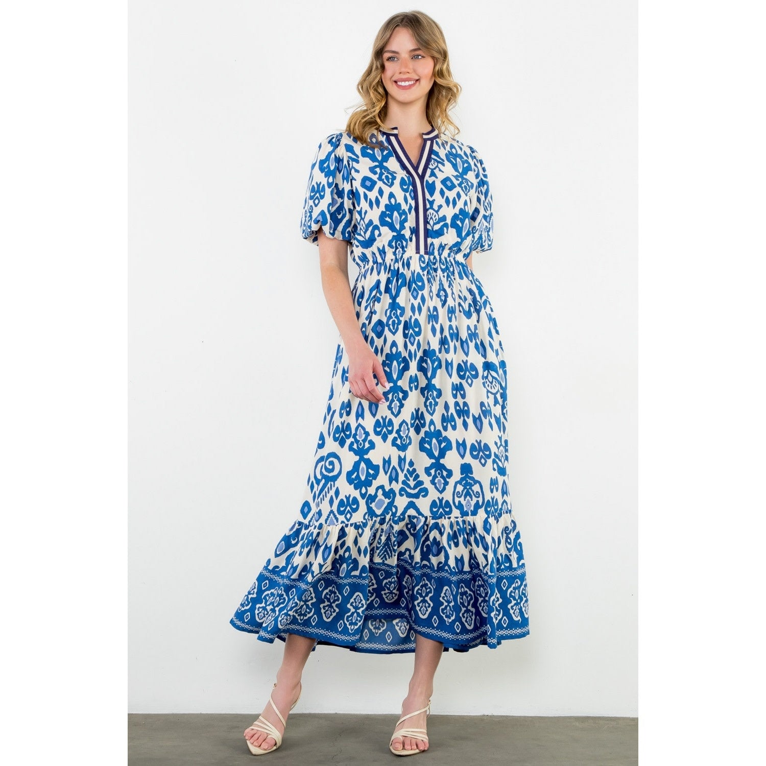 PUFF SLEEVE IKAT PRINT MAXI DRESS