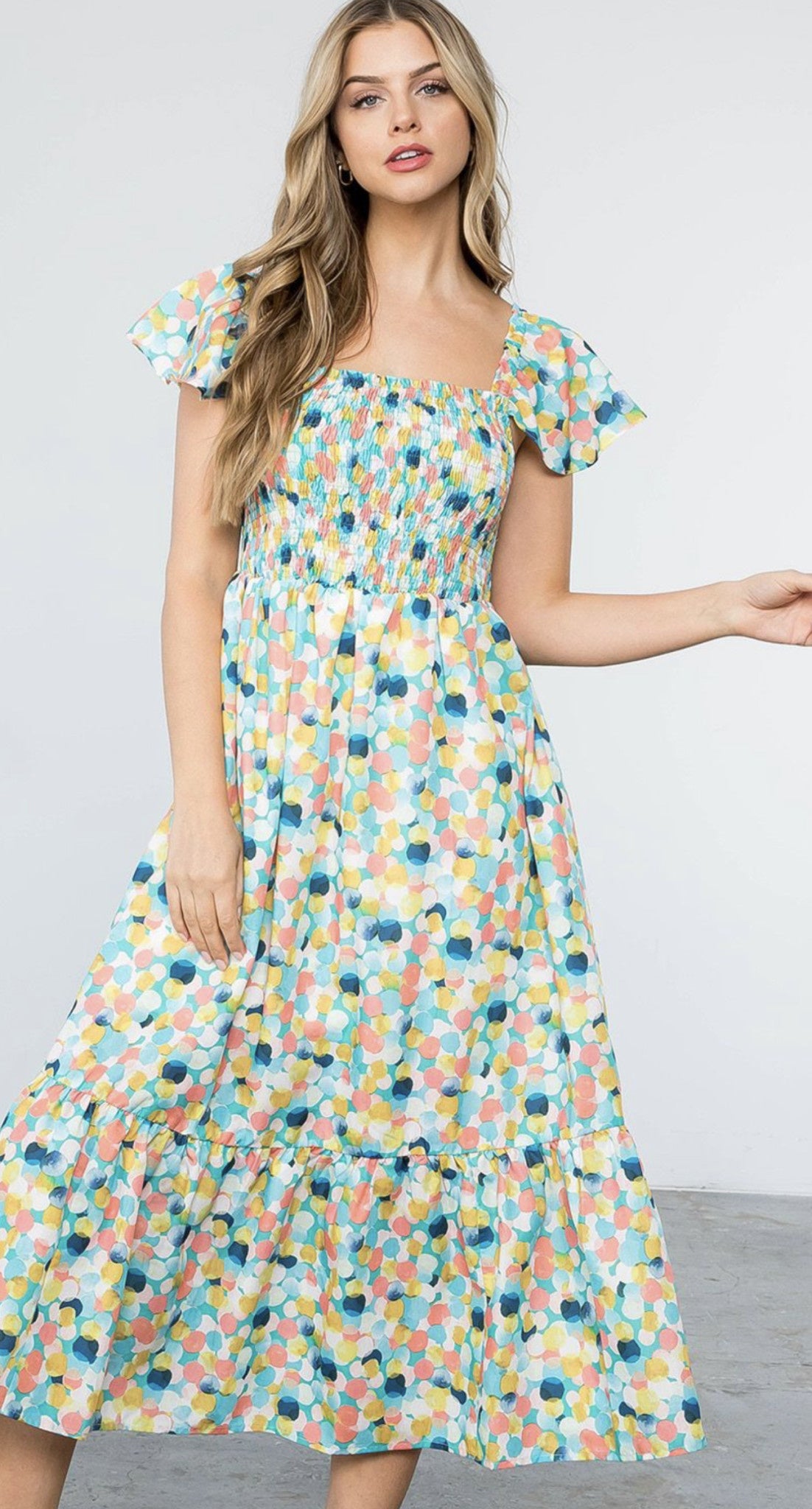 POLKA DOT SMOCKED MIDI DRESS