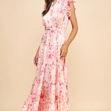 SATIN TIERED PRINTED MAXI DRESS
