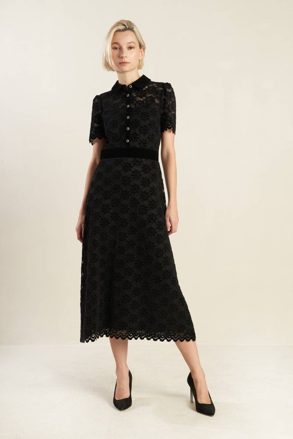 SSLV WOVEN LACE MIDI DRESS