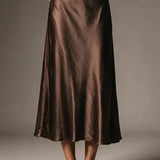 Beige Satin Bias Cut Midi Skirt
