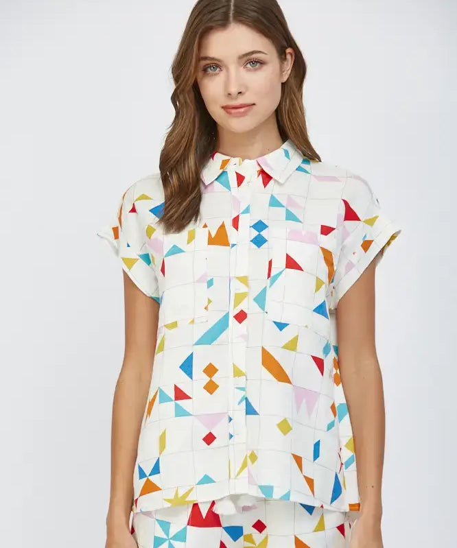 GEO PRINT SSLV BUTTON UP