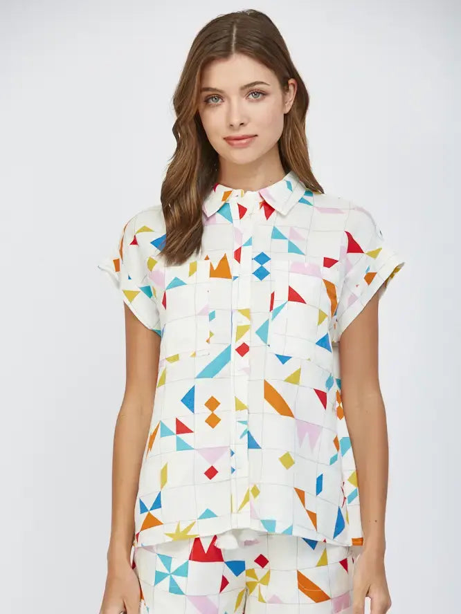 GEO PRINT SSLV BUTTON UP