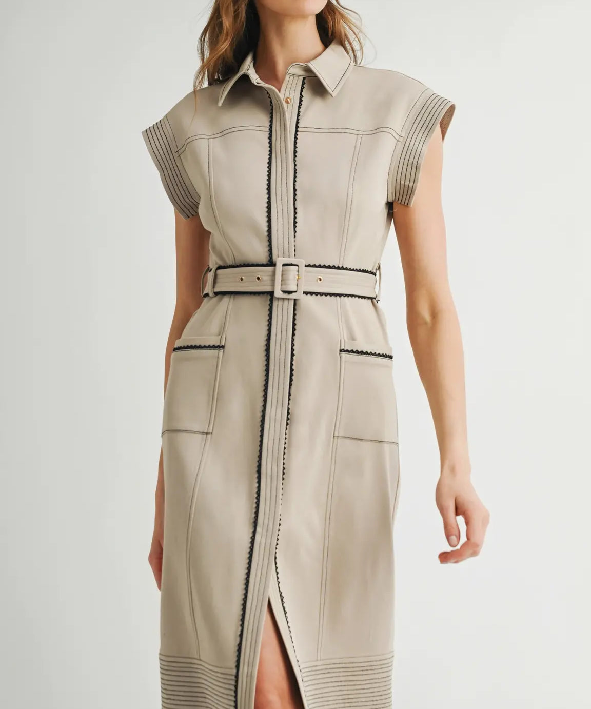 COLLARD BLACK ACCENT MIDI DRESS W/BELT