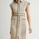 COLLARD BLACK ACCENT MIDI DRESS W/BELT