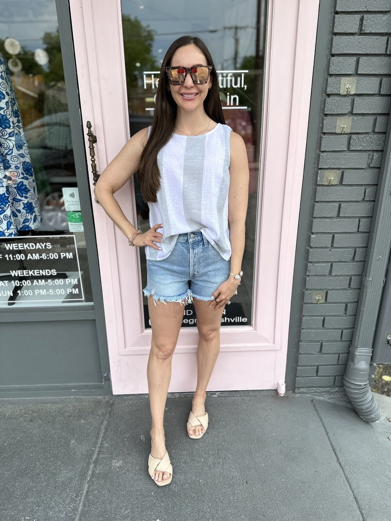 KELIS WIDE STRIPED SLVLESS LINEN TOP