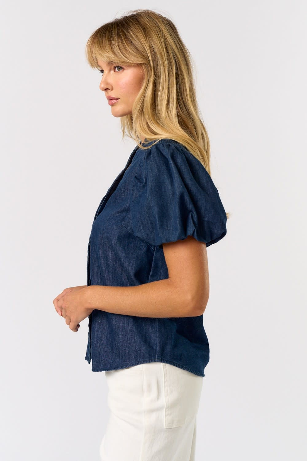 DENIM PUFF SLEEVE VNECK BLOUSE
