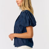 DENIM PUFF SLEEVE VNECK BLOUSE