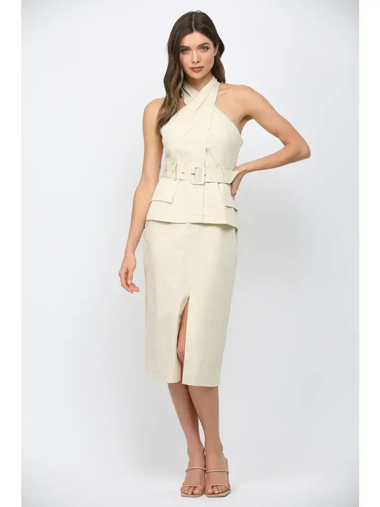 FARRAH CROSS OVER NECK BELTED MIDI DRESS