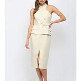 FARRAH CROSS OVER NECK BELTED MIDI DRESS