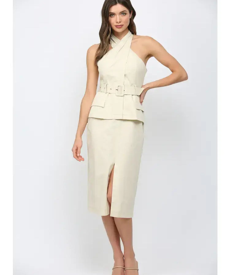 FARRAH CROSS OVER NECK BELTED MIDI DRESS