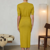 Ribbed Short Sleeve Midi Dress with Gold Buttons